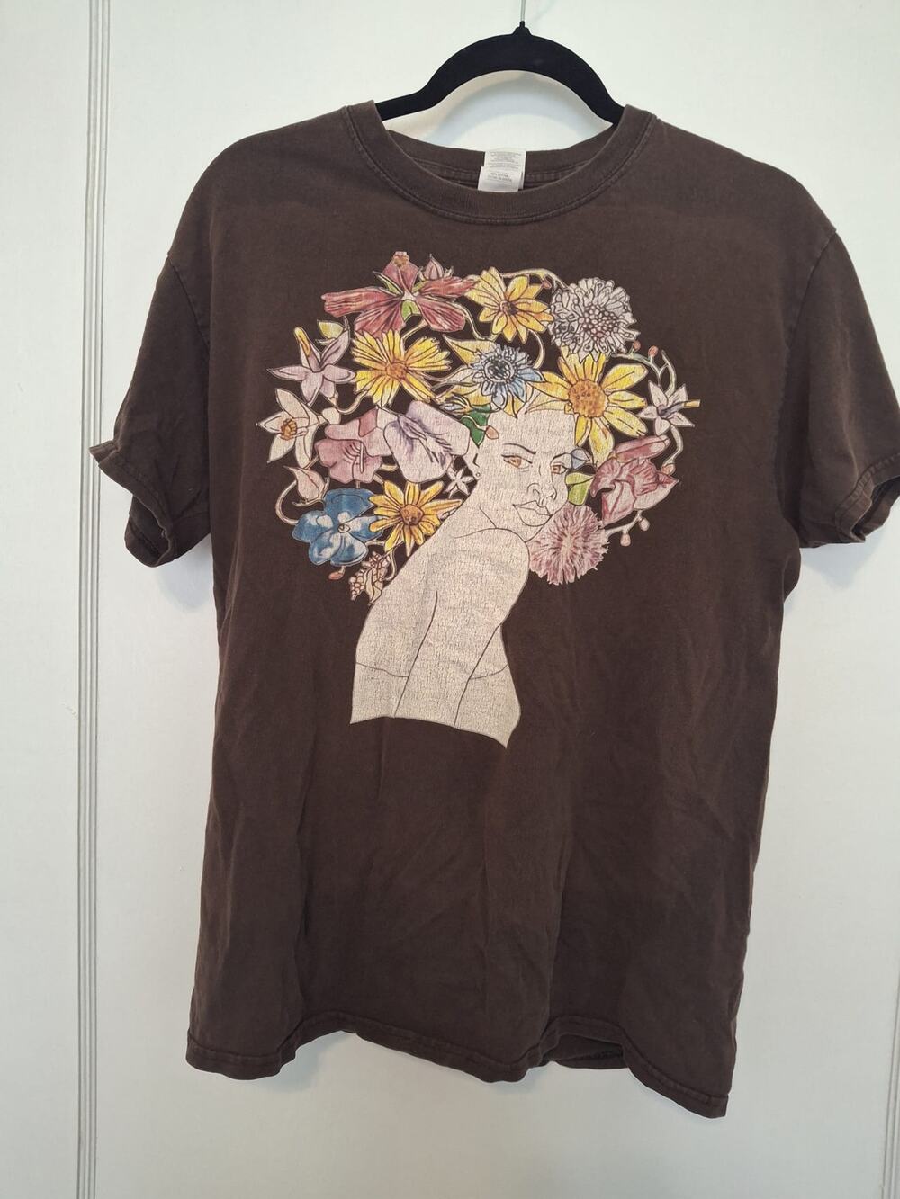 Floral Afro Girl, Retro-Inspired TShirt, Medium, Brown
